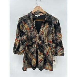 Paris IQ Artistic Print Peplum Sz L Top Black Rust Textured Flowy Statement FF46